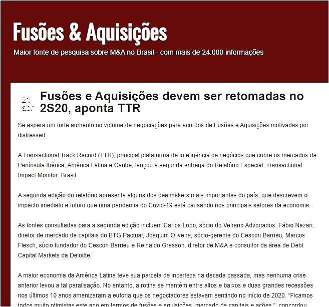 Fuses e Aquisies devem ser retomadas no 2S20, aponta TTR
